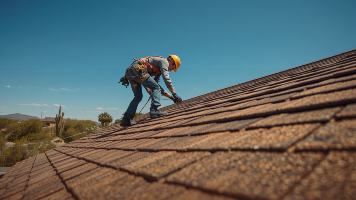 A roofer wearing a safety harness and hard hat installs asphalt shingles on a residential rooftop under clear blue sky in a Phoenix-area desert neighborhood