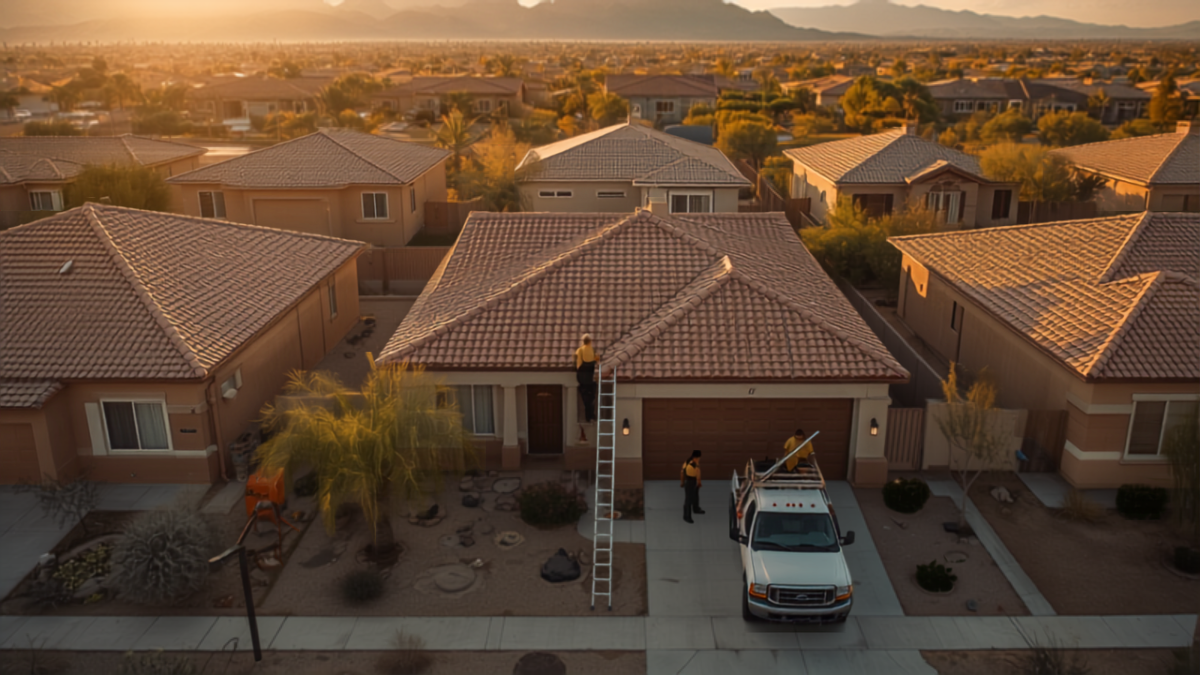 Aerial drone view at golden hour of a roofing crew and work truck at a suburban Phoenix Arizona home with tile roofs and desert mountains in the distance