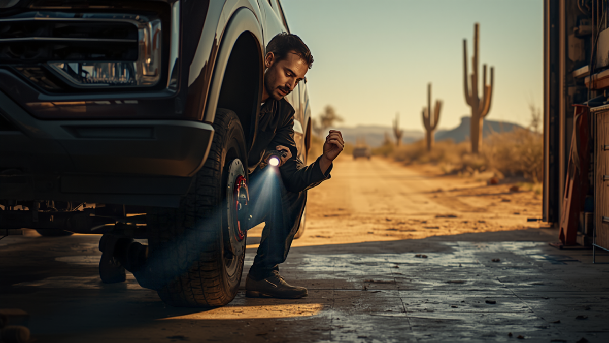 Auto technician crouching with a flashlight to inspect a truck's wheel and brake at an open repair shop door facing a dusty desert road lined with saguaros.