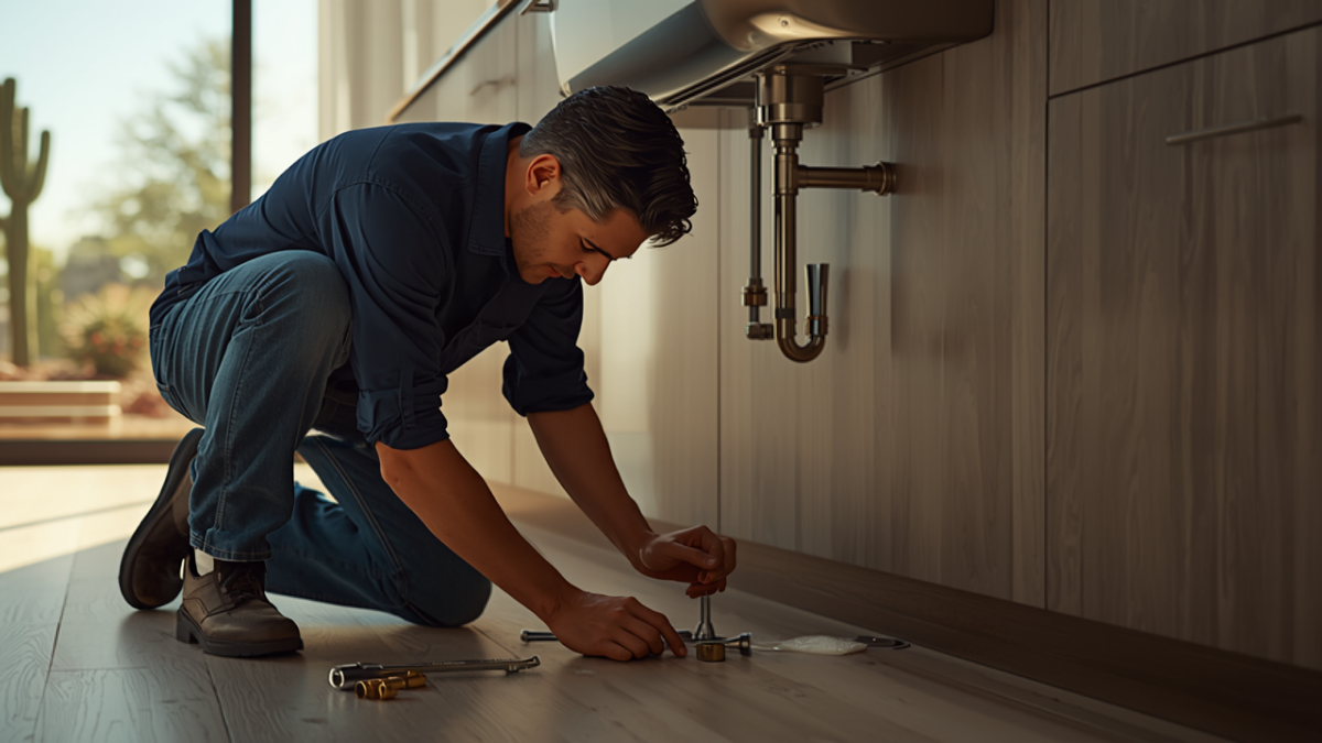 A plumber kneels beside a kitchen sink in a sunlit Arizona home, working on pipe fittings with tools laid out on the floor.