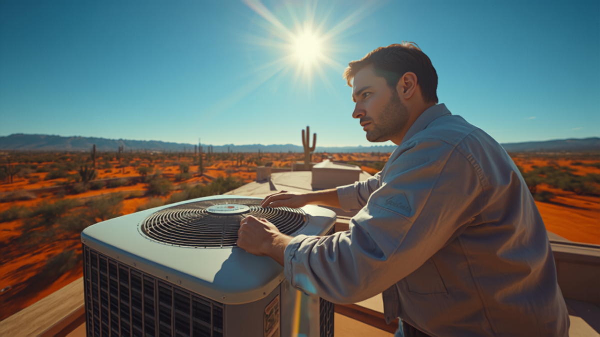 HVAC technician servicing a rooftop condenser unit overlooking the Arizona desert
