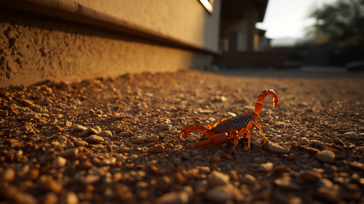 A close-up, low-angle photo of a scorpion on gravel next to a stucco home foundation at dusk in the Arizona desert.
