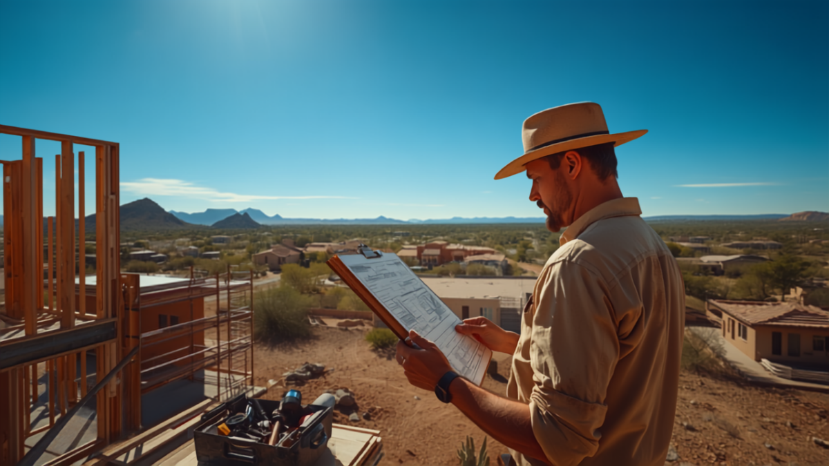A contractor in a sun hat reviews building blueprints on a clipboard at a residential construction site in the Arizona desert, with mountains in the background.