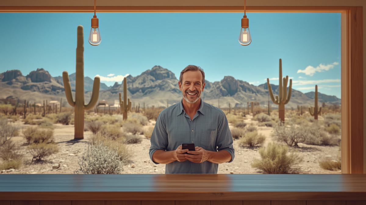 A smiling local business owner holds a smartphone at a shop counter, with saguaro cacti and Arizona desert mountains behind him.