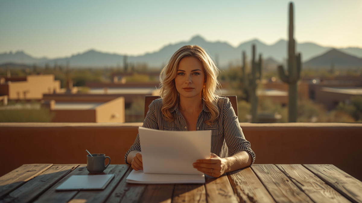 A business owner reviews paperwork at a wooden patio table with low stucco buildings, saguaro cactus and desert mountains behind her.
