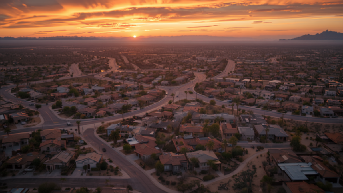Aerial view of a growing Arizona desert suburb at sunset with winding residential streets and distant mountains, a generic representative scene not a specific landmark