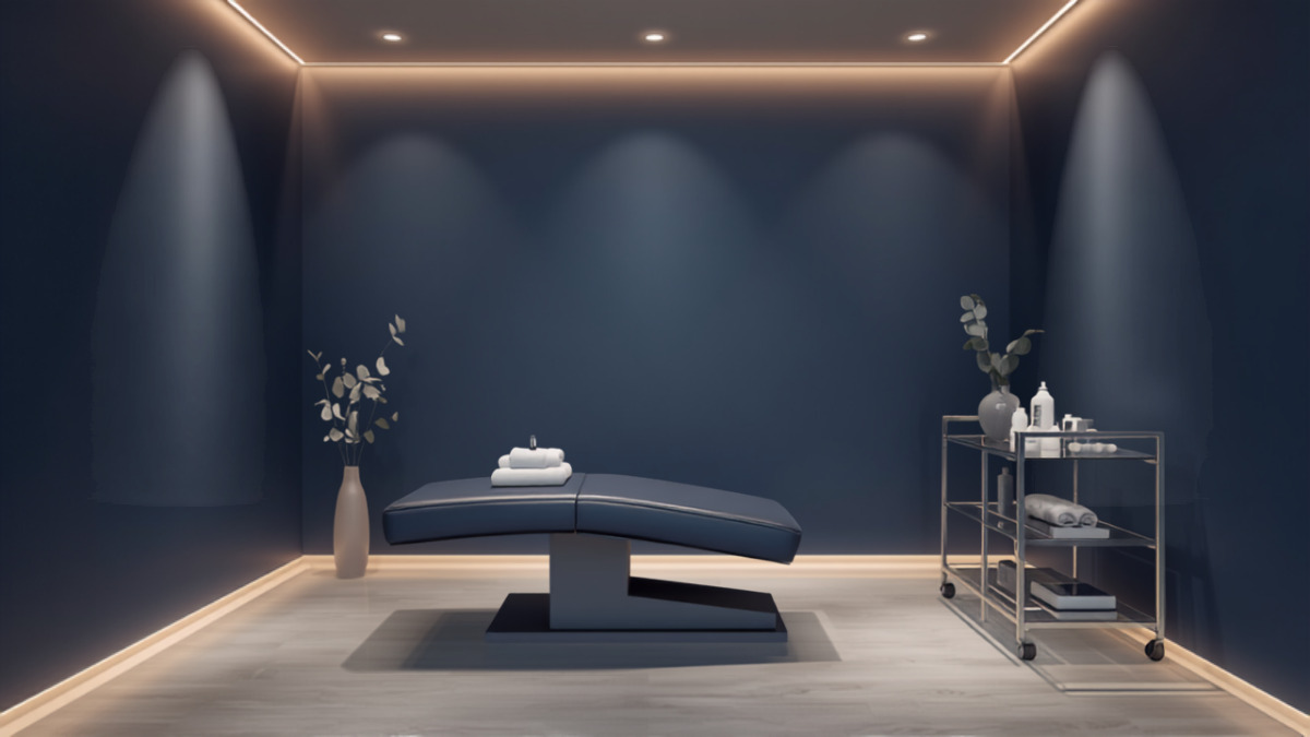A calm, modern medspa treatment room with a navy-toned treatment bed, rolling supply cart, and soft ambient lighting.