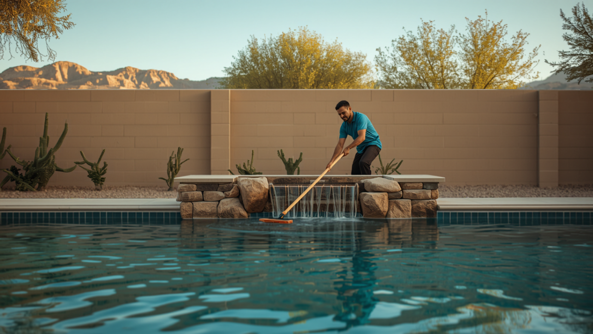 A pool service technician cleans a backyard pool beside a stone water feature, with a block wall, cacti and desert mountains behind.