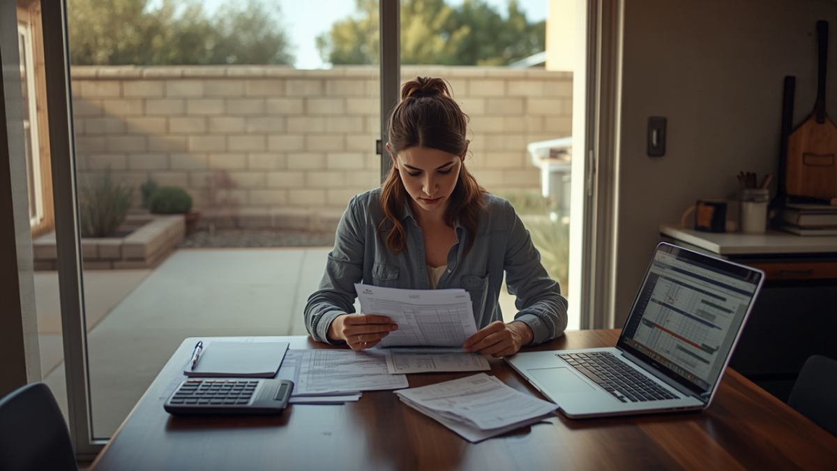 A small business owner reviews paperwork at a table with a calculator and a laptop spreadsheet, with a block-wall backyard visible through a sliding door.