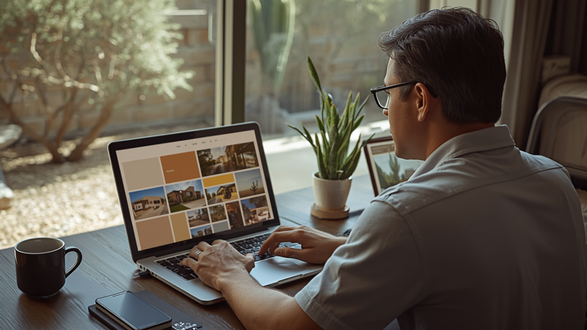 A local business owner reviews a photo-grid website design on his laptop at a desk beside a window overlooking a desert backyard.