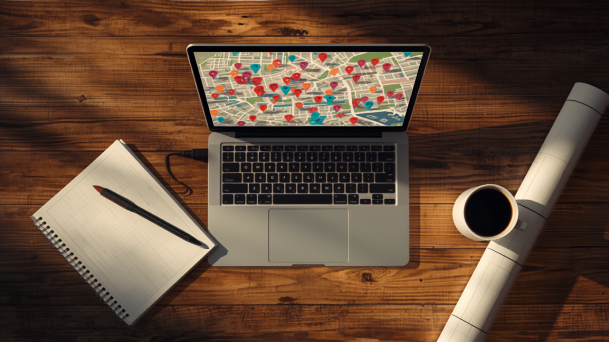 Overhead view of a contractor desk with a laptop displaying a city map covered in colorful location pin markers across multiple neighborhoods, alongside a notepad and coffee