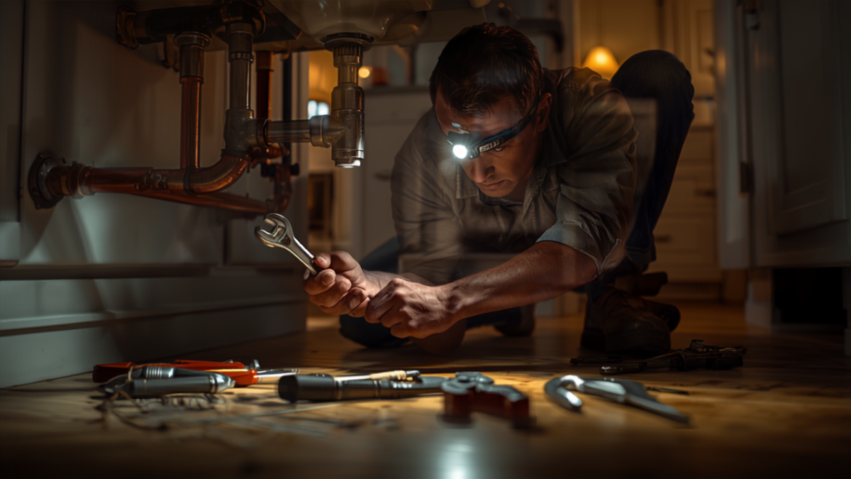 A plumber wearing a headlamp works on pipes under a kitchen sink in a dimly lit home in the evening, representing an after-hours emergency service call