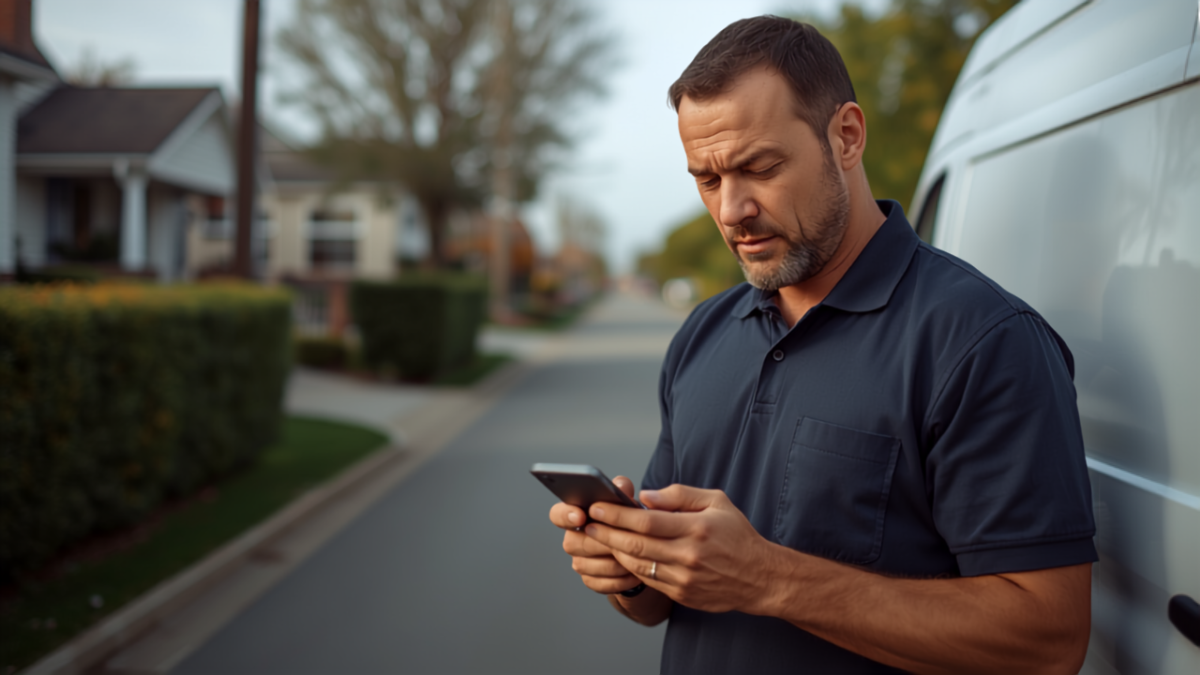 A concerned service business owner in a work polo shirt stands beside his work van checking messages on his smartphone in a suburban neighborhood