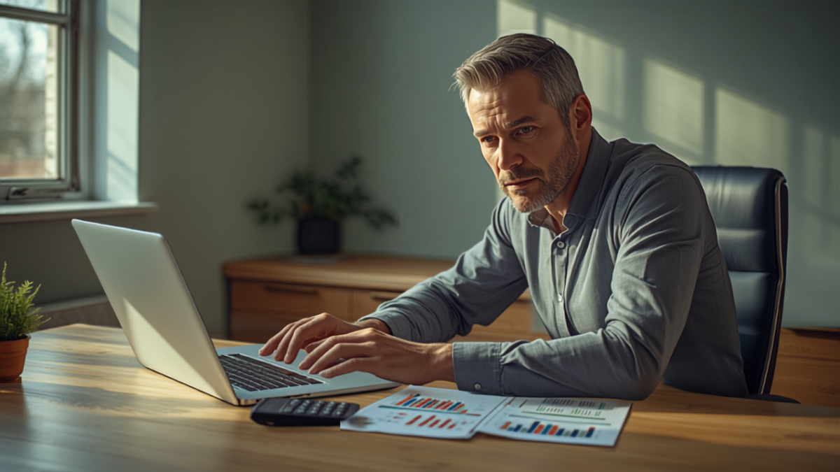 A service business owner reviews marketing budget charts and a calculator at his desk while working on a laptop in a sunlit office