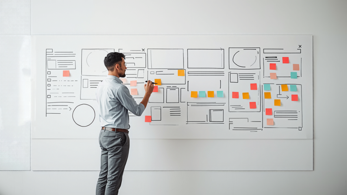 A web designer sketches custom website wireframe layouts on a large whiteboard covered with colorful sticky notes.
