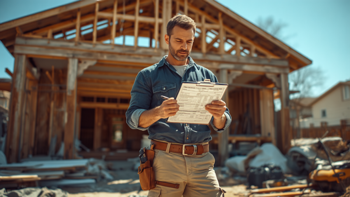 A contractor with a tool belt reviews a job estimate on a clipboard at an active home construction site