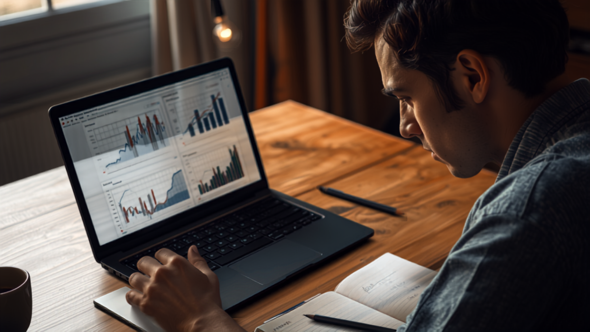 A service business owner closely reviews website traffic and analytics charts on his laptop screen at a wooden desk at home
