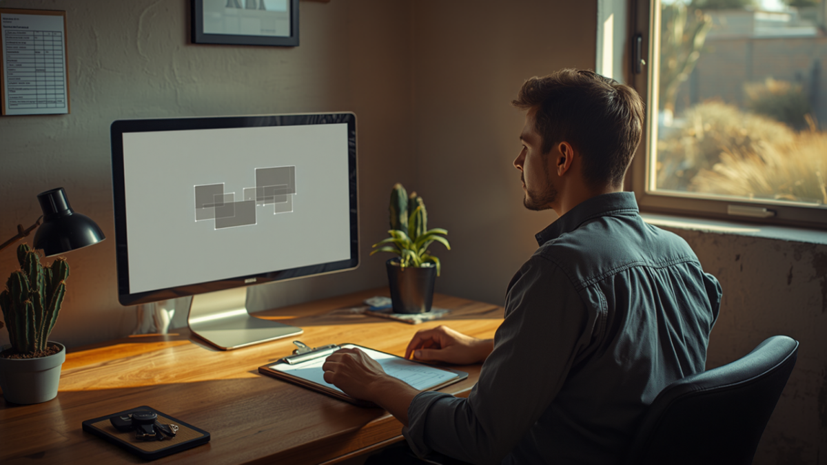 A business owner at a wooden desk reviews a simple website layout on a monitor, with keys, a tablet and cacti nearby and a desert yard outside the window.