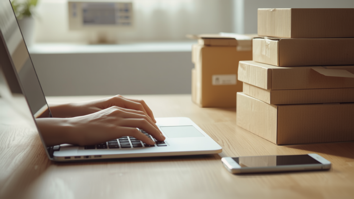 Close-up of hands typing on a laptop keyboard at a wooden desk next to a stack of cardboard shipping boxes and a smartphone, representing an online store fulfilling orders.