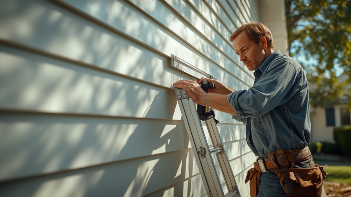 A siding contractor with a tool belt installs vinyl siding panels on a residential home exterior using a level, ladder positioned against the wall