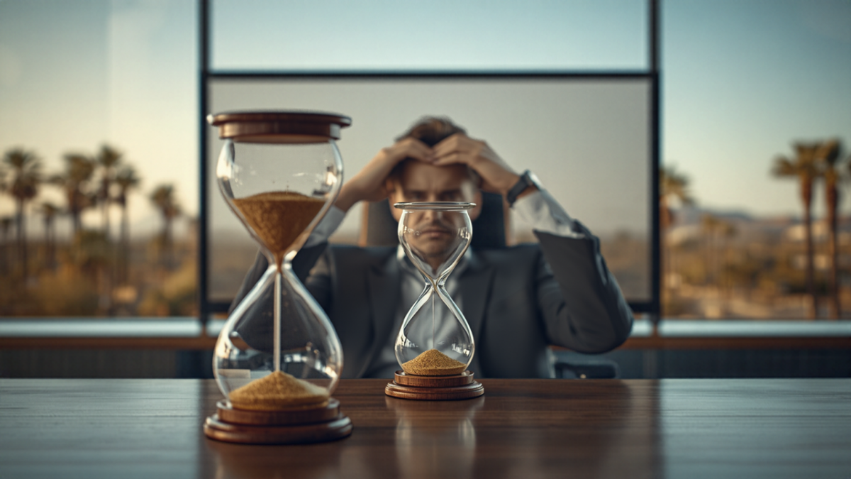 Two hourglasses with running sand sit on a desk in front of a stressed business owner holding his head, with palm trees outside the office window.