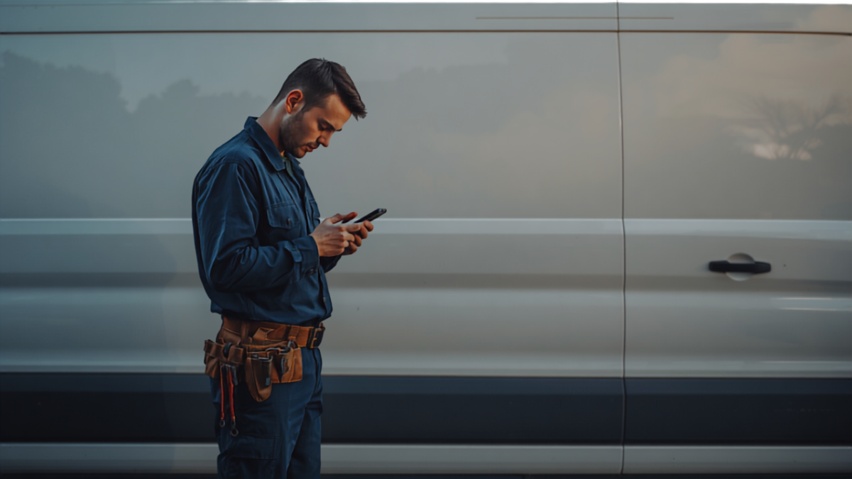 HVAC/plumbing service technician in a plain uniform standing beside an unmarked work van, checking a text message on his phone during a job in a suburban driveway