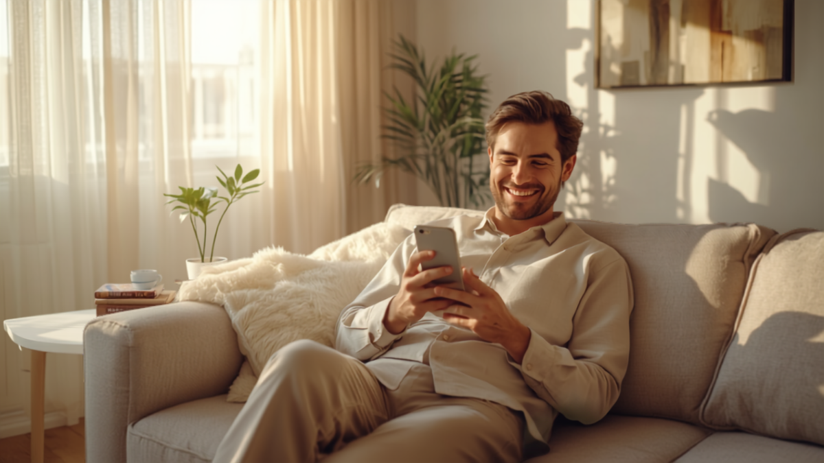 Homeowner relaxing on a living room couch, smiling while reading an instant SMS confirmation on his phone from a local service business