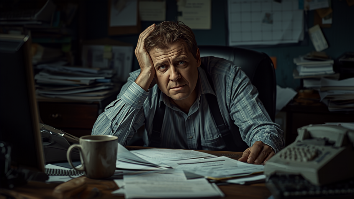 Stressed small business owner sitting at a cluttered desk with his head in his hand, overwhelmed during a busy workday