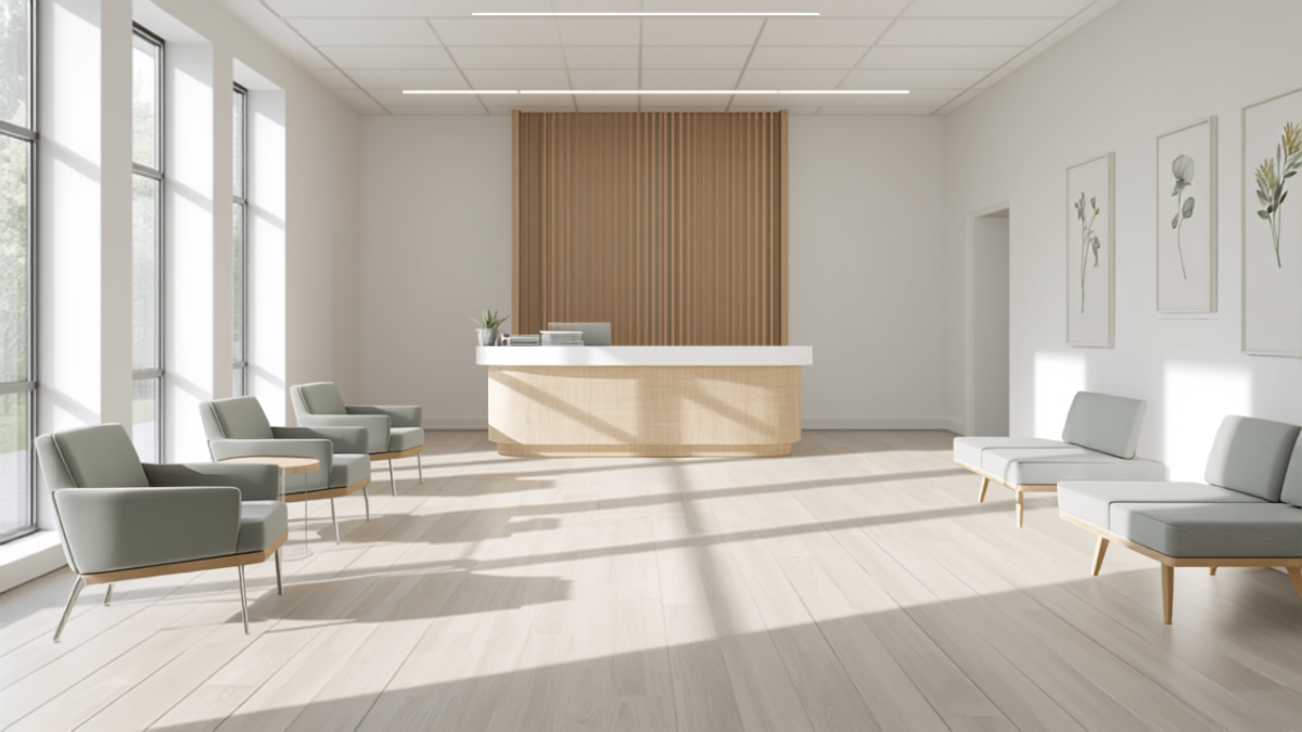 Bright modern urgent care clinic waiting area with comfortable seating and a check-in reception desk