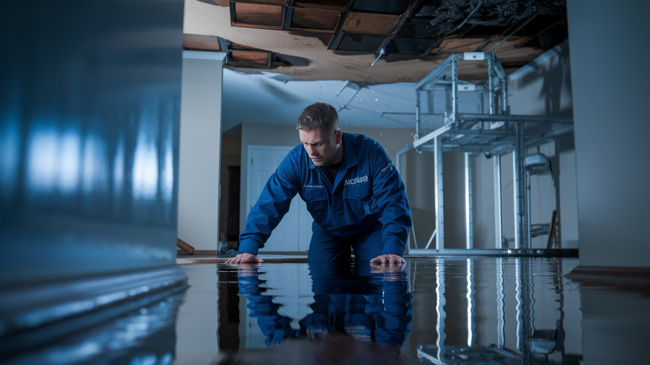 Water damage restoration crew with industrial drying equipment working inside a flooded home