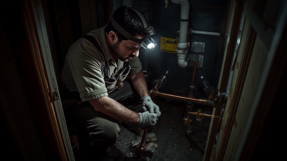 Plumber wearing a headlamp connecting copper pipes on a water heater installation in a residential utility closet