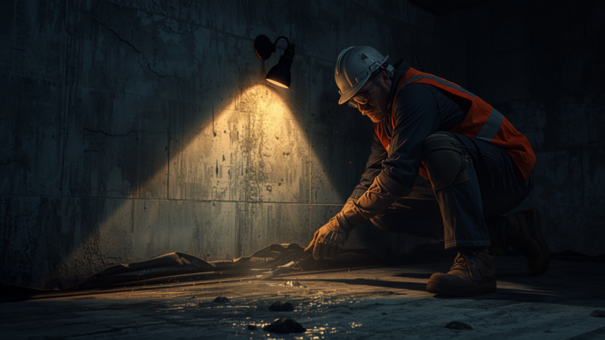 A waterproofing contractor in safety gear working on a basement foundation wall under a work light