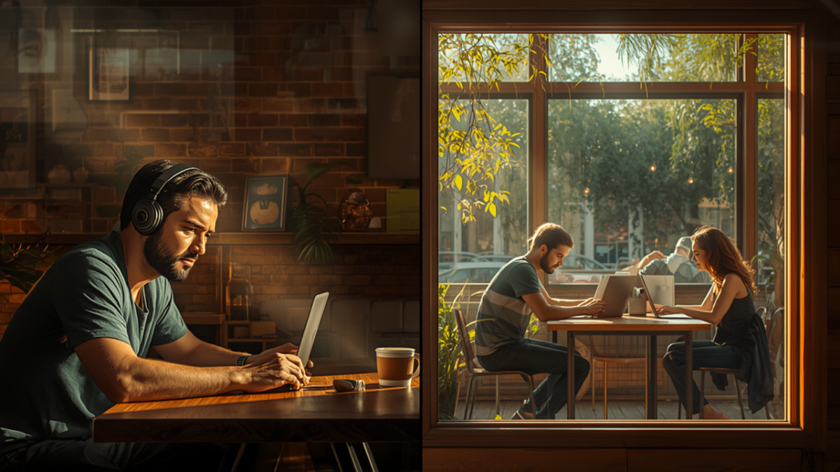 Split scene of a solo freelancer in headphones working on a laptop in a brick-walled cafe beside a small team collaborating at a table by a sunny window.