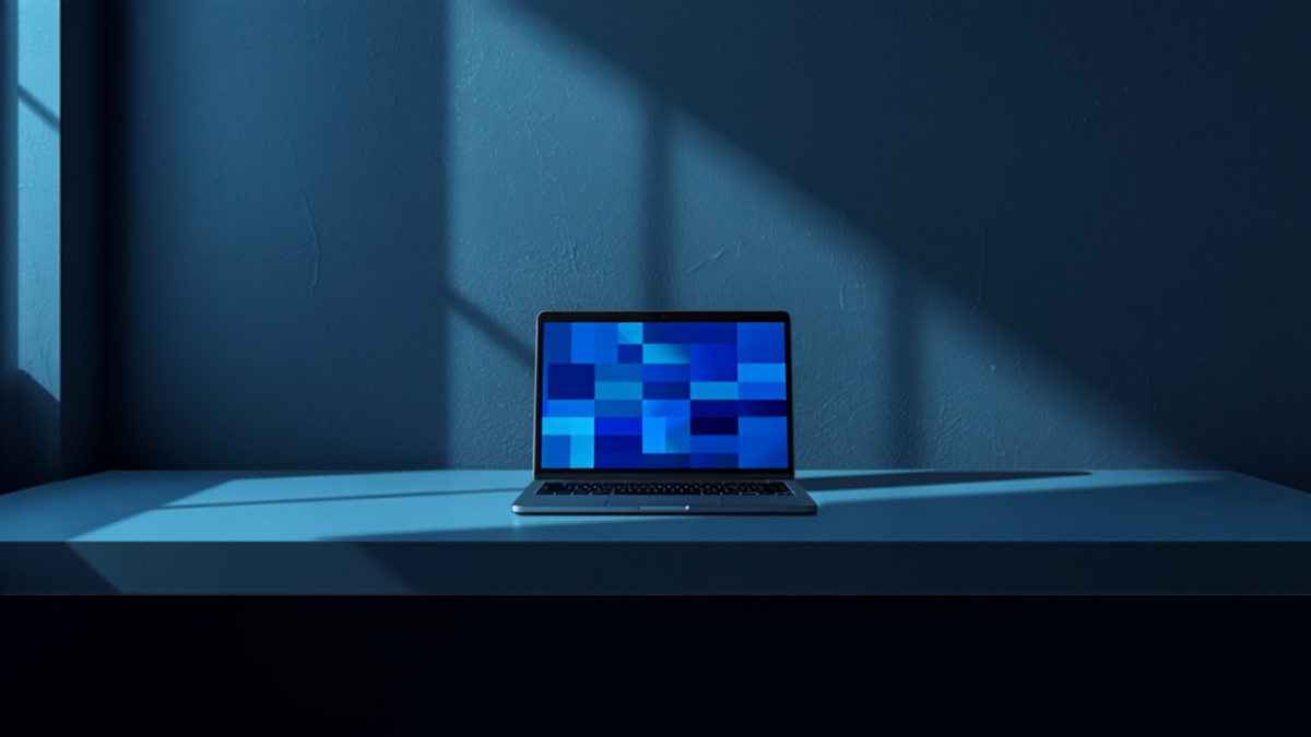 A laptop on a desk in a dim blue-toned room, its screen showing an abstract grid of blue color blocks representing a website layout.