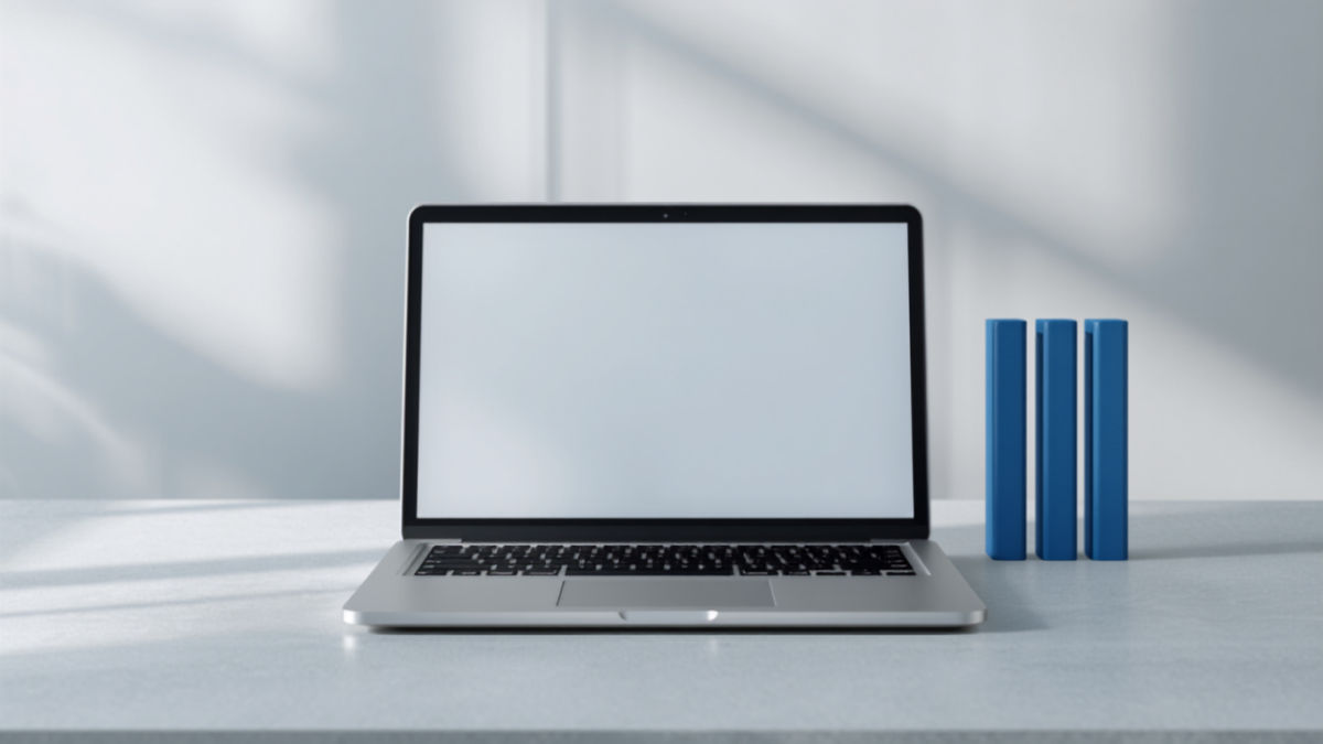 Laptop with blank screen next to blue vertical bars, representing website pricing tiers