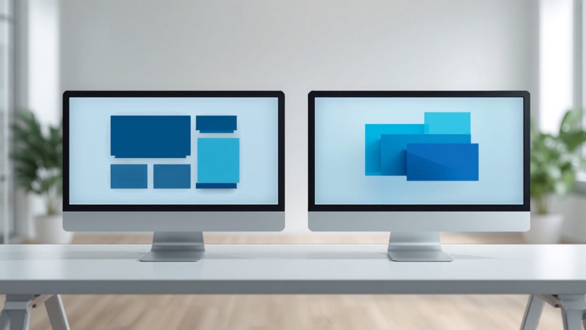 Two desktop monitors side by side on an office desk, each displaying an abstract blue geometric website layout mockup, representing a before-and-after redesign.