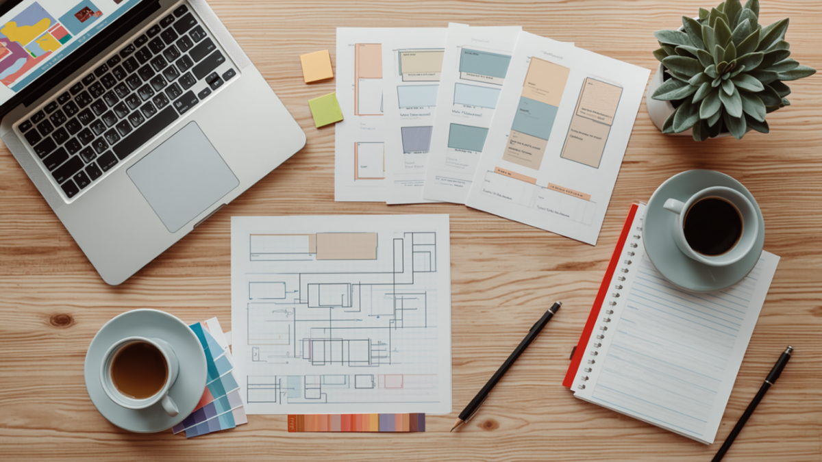 Overhead view of a web design workspace with a laptop, printed wireframes, color swatches, sticky notes, pens and coffee on a wooden desk.