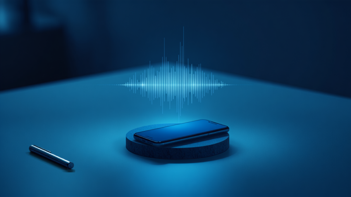 Smartphone glowing with a sound wave visualization representing an AI voice assistant actively answering a phone call