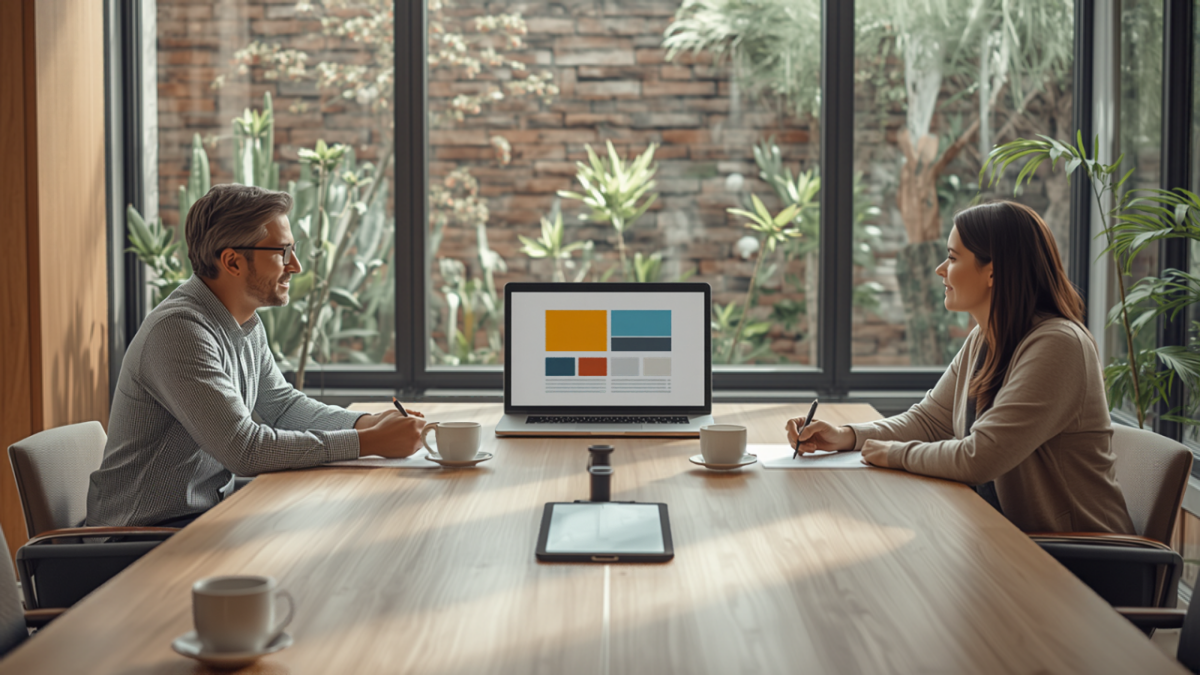 A business owner and a web designer take notes across a conference table with a laptop showing a color-block layout, in front of a window of desert plants.