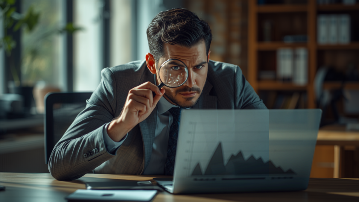 Marketing analyst closely examining a declining performance graph on a laptop screen with a magnifying glass, diagnosing a Google Ads campaign problem