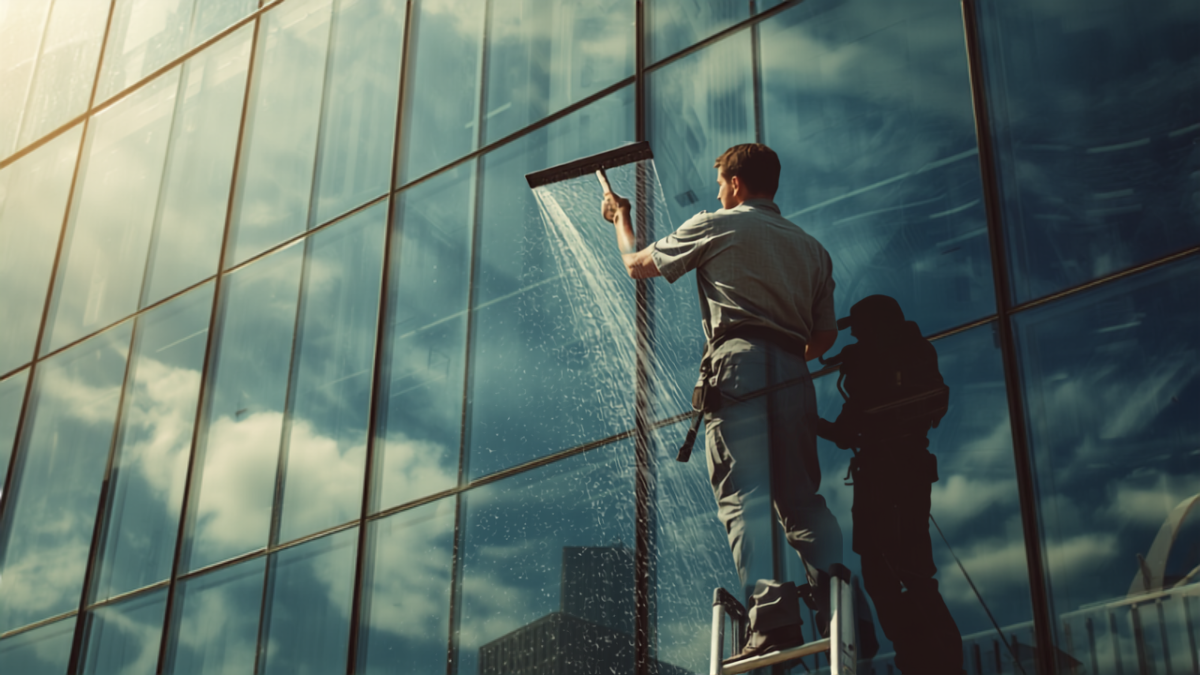 Professional window cleaner on a ladder using a squeegee to clean the exterior glass of a commercial office building