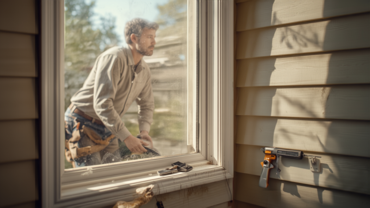Contractor installing a new window frame into a residential home exterior wall during a window replacement project