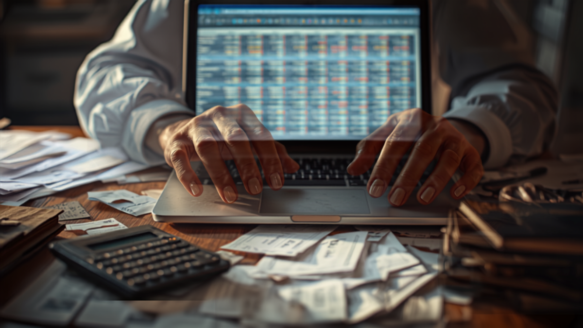 Close-up of a business owner's hands typing on a laptop showing a spreadsheet of expenses, surrounded by paper invoices and a calculator on a cluttered desk