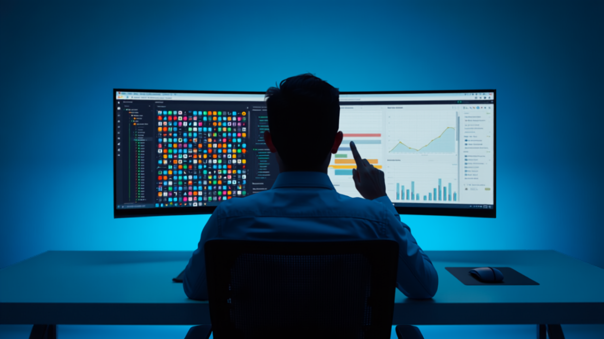 A developer viewed from behind comparing a cluttered grid of plugin icons on one monitor against a clean simple dashboard interface on another monitor