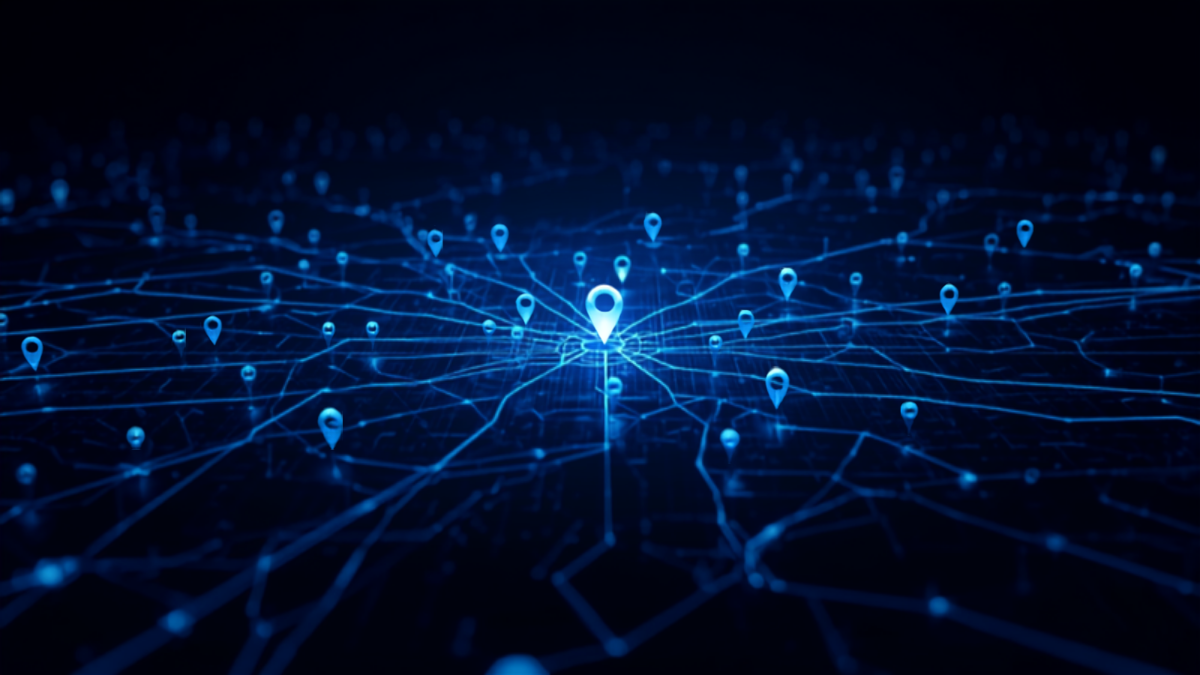 A glowing blue network map with multiple location pins connected by light trails, symbolizing multi-city SEO risk