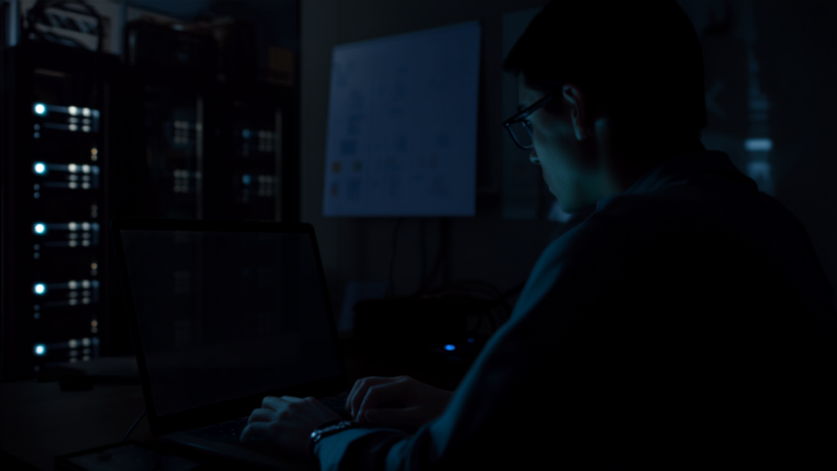 A developer working late at night on a laptop near server racks, migrating a website with a project timeline visible on a whiteboard in the background