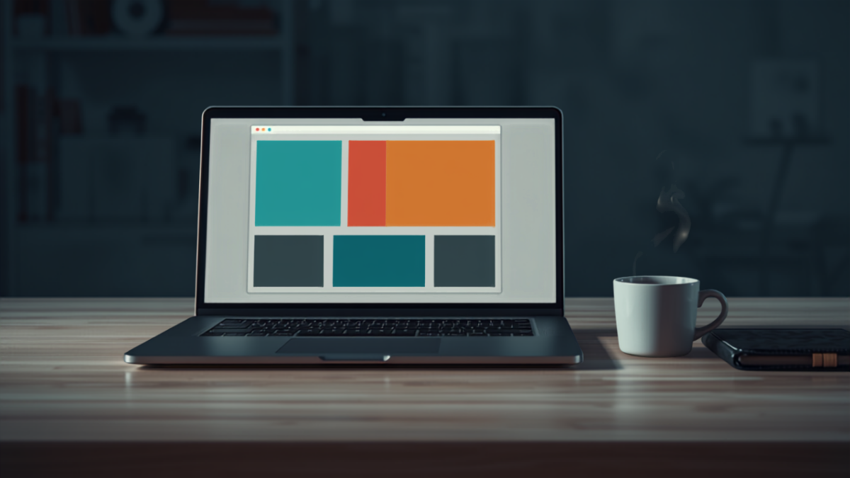A laptop on a wooden desk displaying an abstract colorful website layout mockup, next to a steaming coffee mug, in a dimly lit navy-toned home office.