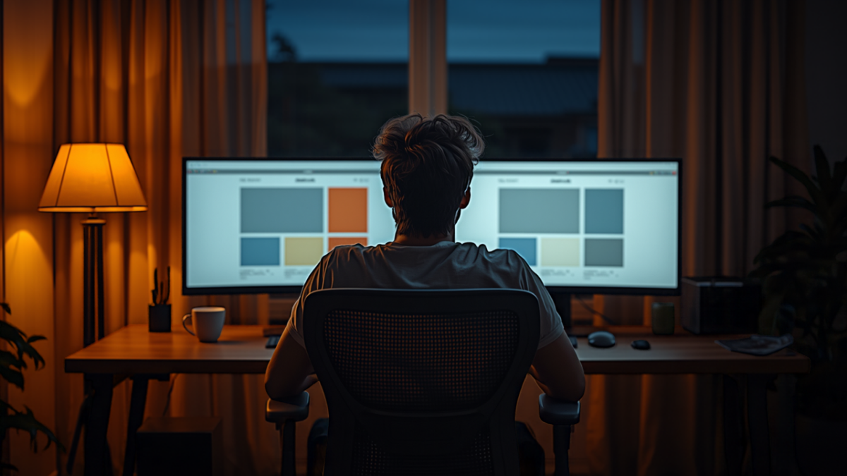 A web developer sits in a lamp-lit home office comparing two different website layouts on side-by-side monitors.
