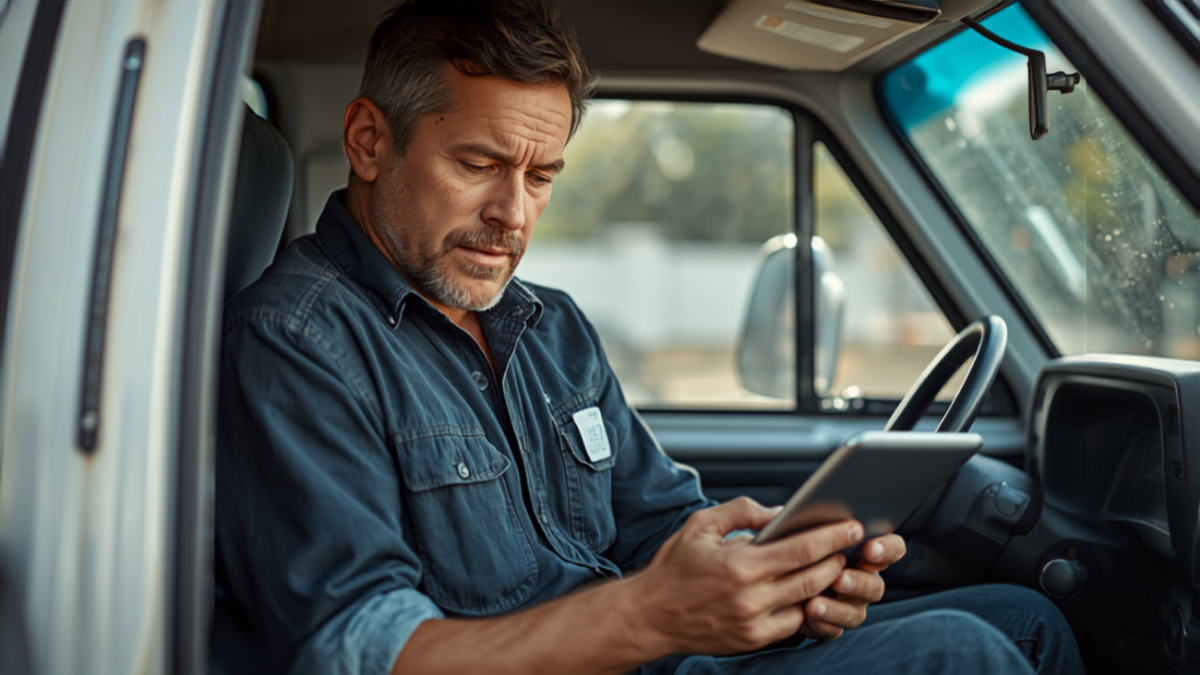 A service business owner sitting in his work truck reviewing advertising performance data on a tablet