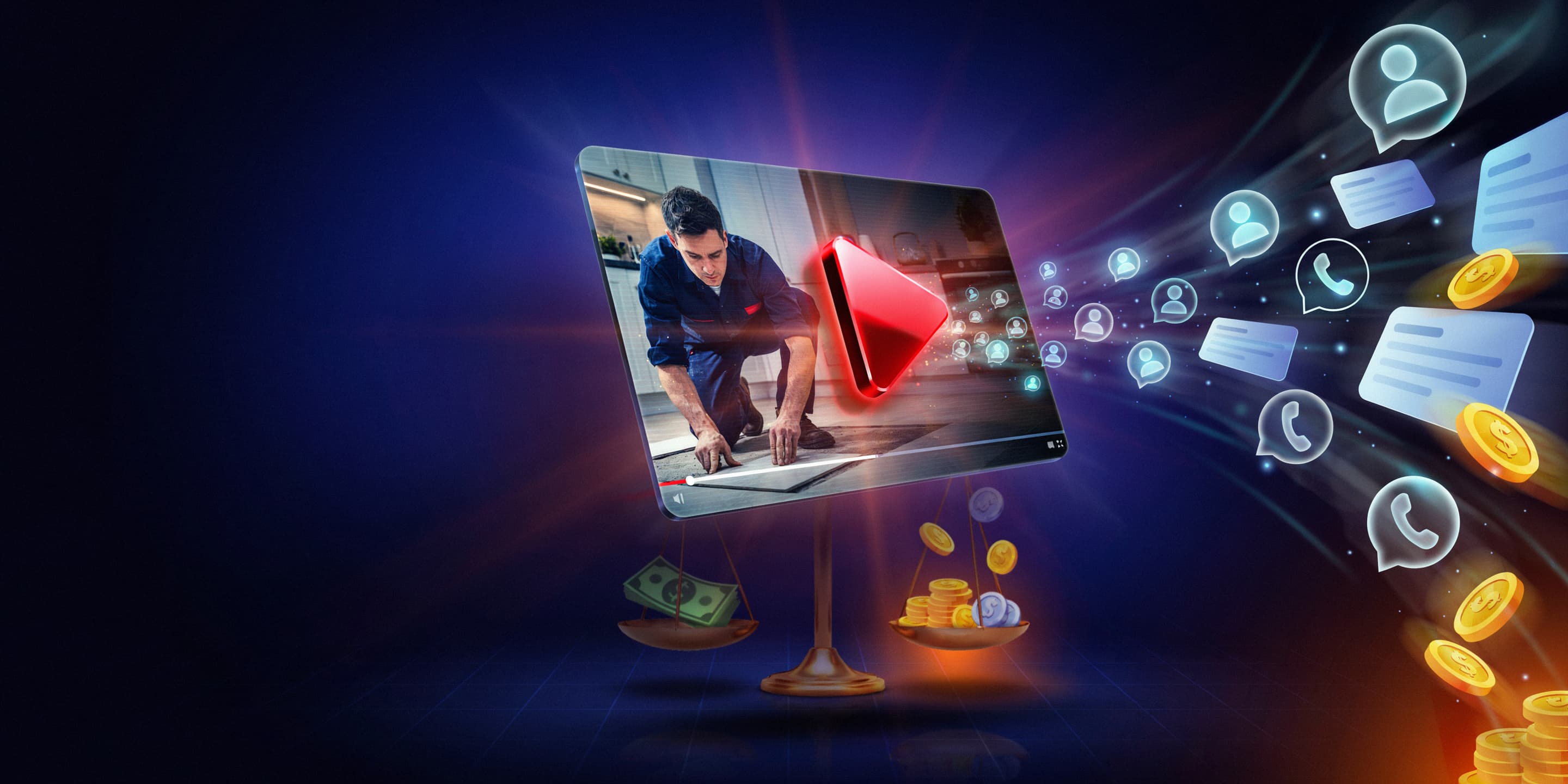 Laptop displaying YouTube video advertising dashboard for a home services business